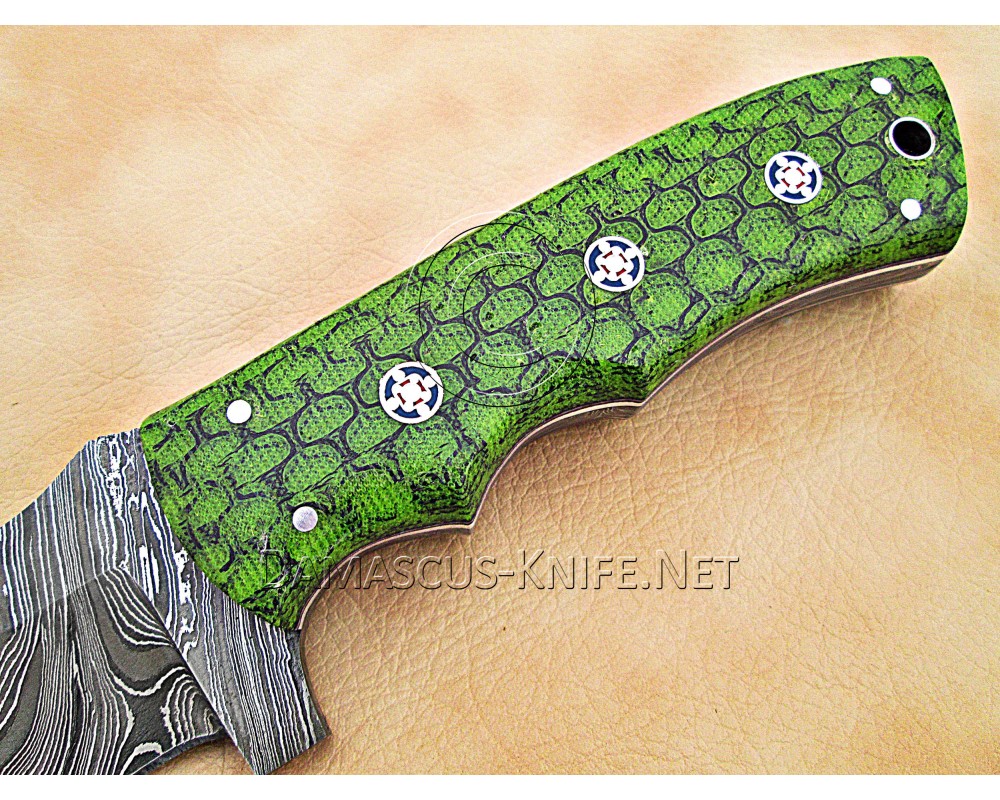 Custom Handmade Damascus Steel Outdoor Tracker Knife - Green G10 - TK1003