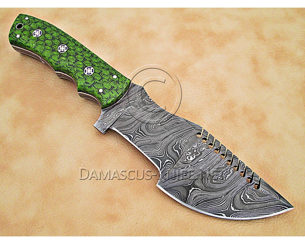 Custom Handmade Damascus Steel Outdoor Tracker Knife - Green G10 - TK1003