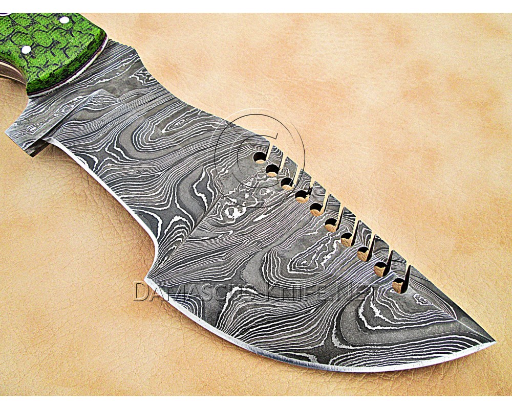 Custom Handmade Damascus Steel Outdoor Tracker Knife - Green G10 - TK1003