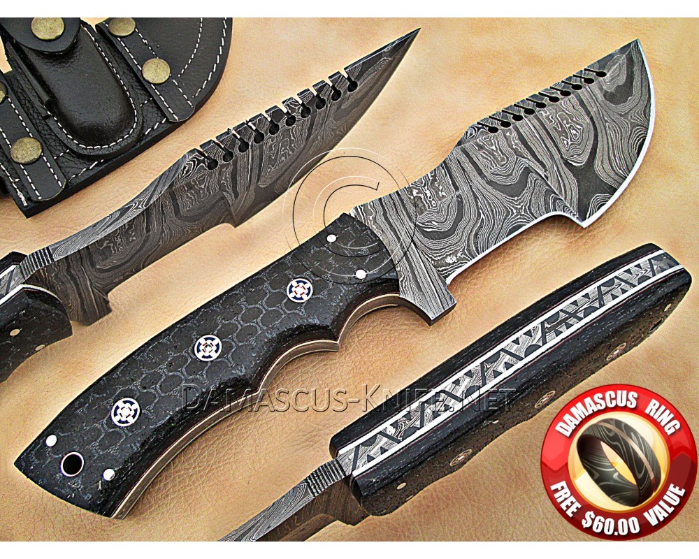 Custom Handmade Damascus Steel Outdoor Tracker Knife - Black G10 - TK1004