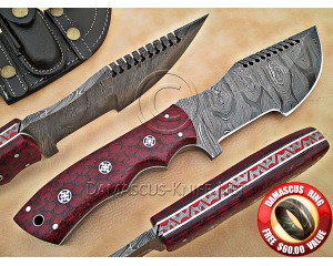 Custom Handmade Damascus Steel Outdoor Tracker Knife - Red G10 - TK1005