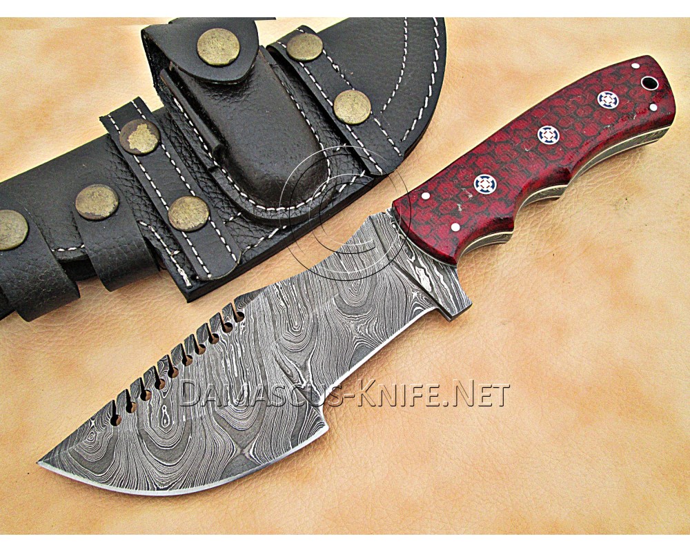 Custom Handmade Damascus Steel Outdoor Tracker Knife - Red G10 - TK1005