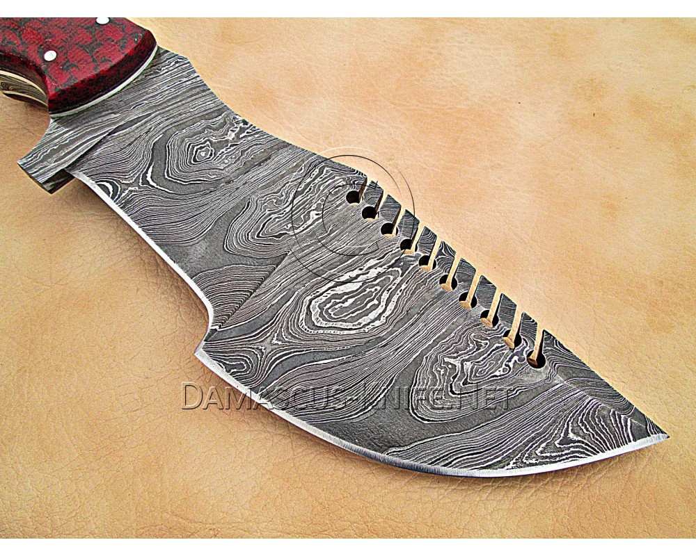 Custom Handmade Damascus Steel Outdoor Tracker Knife - Red G10 - TK1005