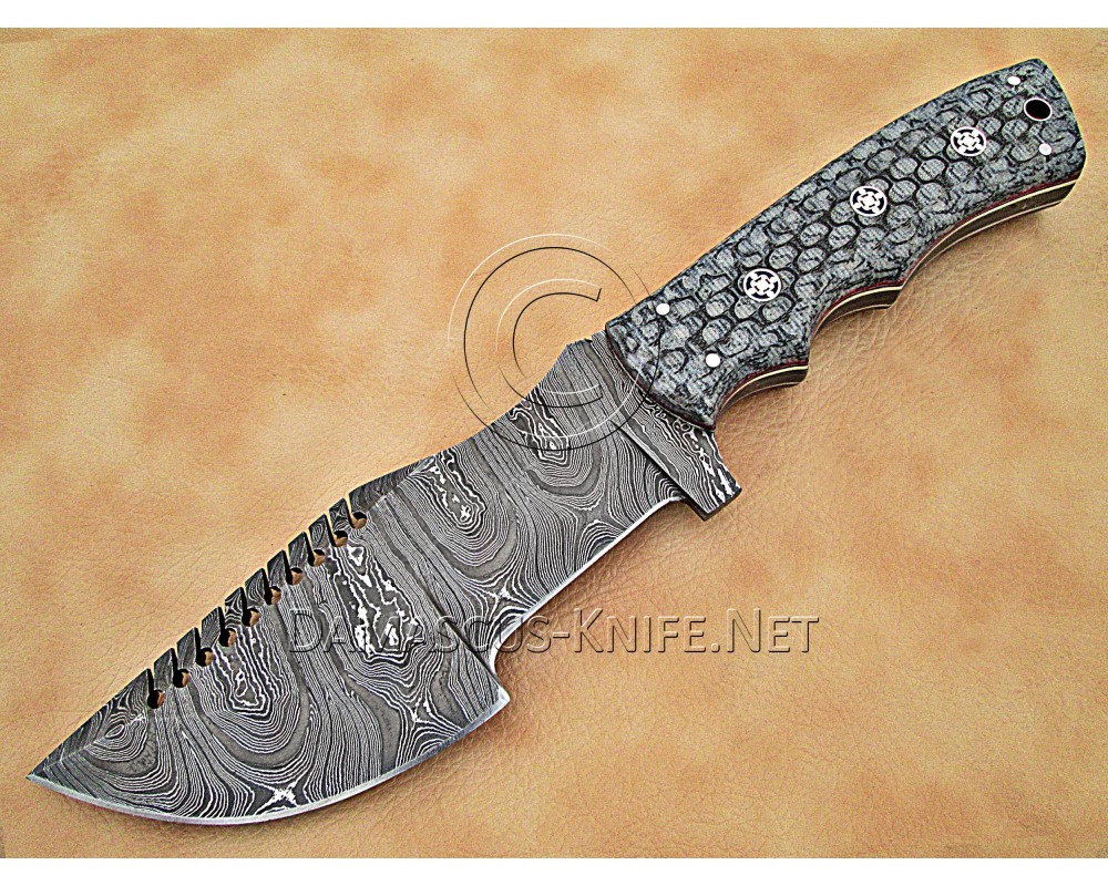 Custom Handmade Damascus Steel Outdoor Tracker Knife - Grey G10 - TK1006