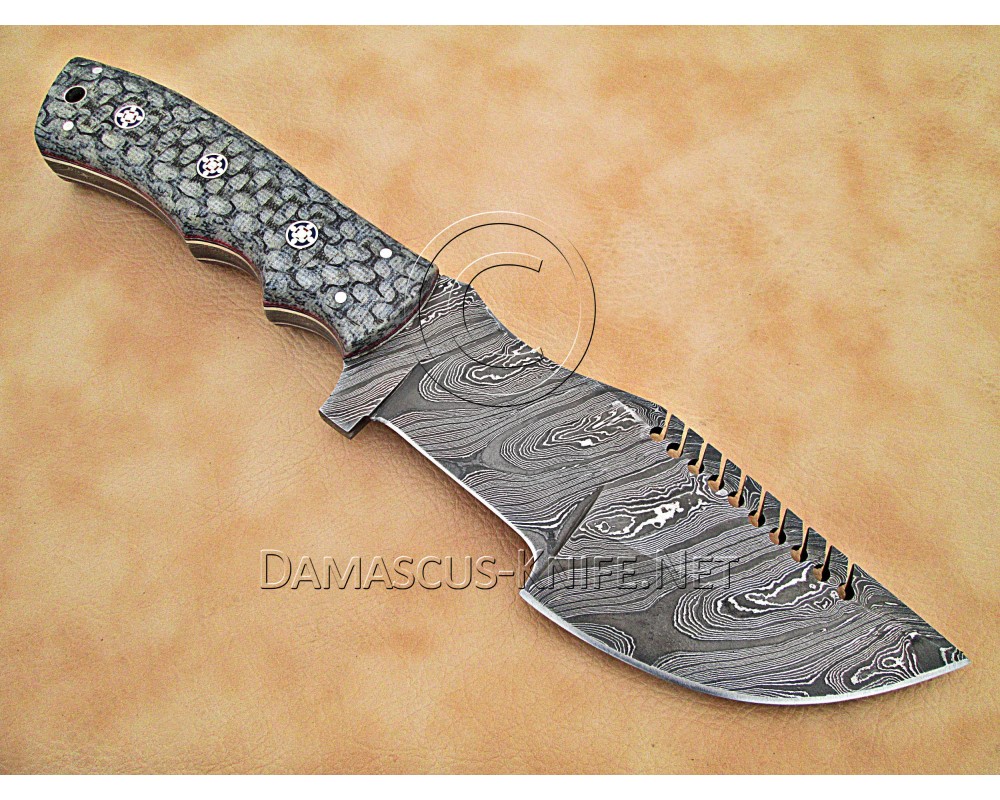 Custom Handmade Damascus Steel Outdoor Tracker Knife - Grey G10 - TK1006
