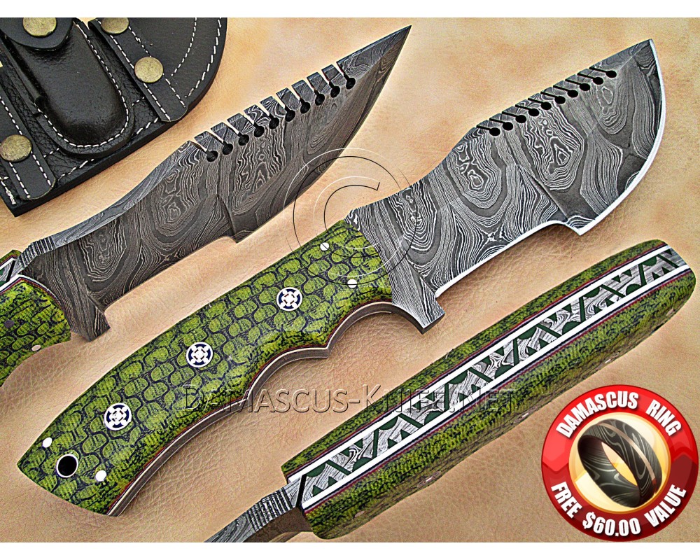 Custom Handmade Damascus Steel Outdoor Tracker Knife - Sea Green G10 - TK1007