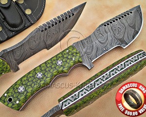 Custom Handmade Damascus Steel Outdoor Tracker Knife - Sea Green G10 - TK1007