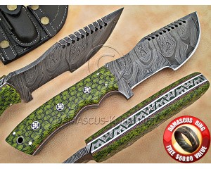 Custom Handmade Damascus Steel Outdoor Tracker Knife - Sea Green G10 - TK1007