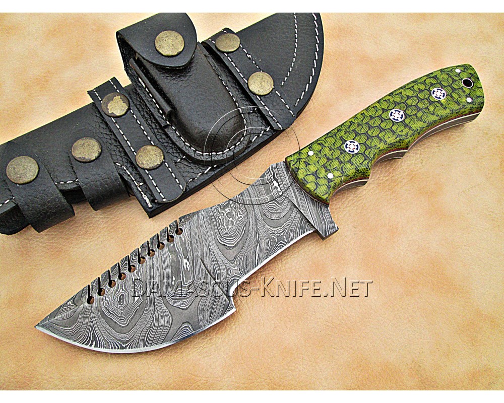 Custom Handmade Damascus Steel Outdoor Tracker Knife - Sea Green G10 - TK1007