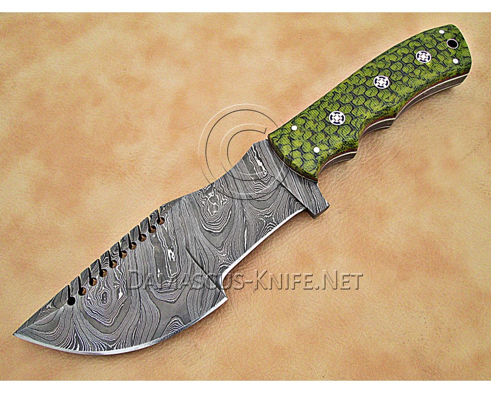 Custom Handmade Damascus Steel Outdoor Tracker Knife - Sea Green G10 - TK1007