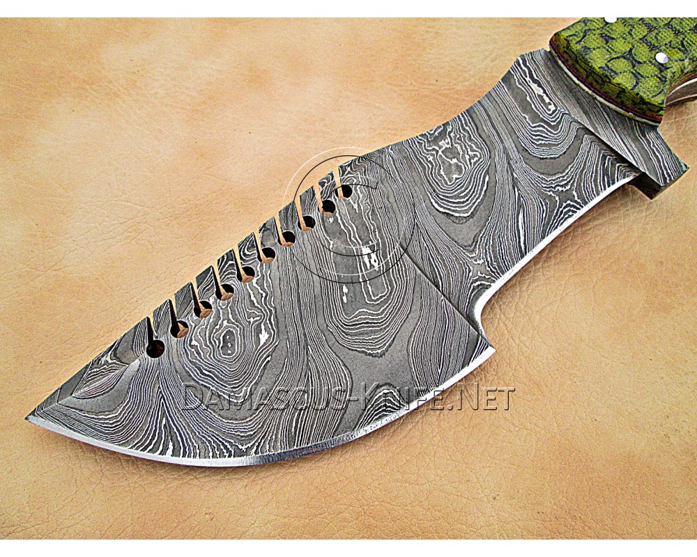 Custom Handmade Damascus Steel Outdoor Tracker Knife - Sea Green G10 - TK1007