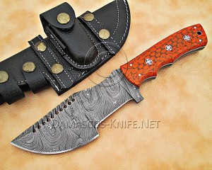 Custom Handmade Damascus Steel Outdoor Tracker Knife - Orange G10 - TK1008