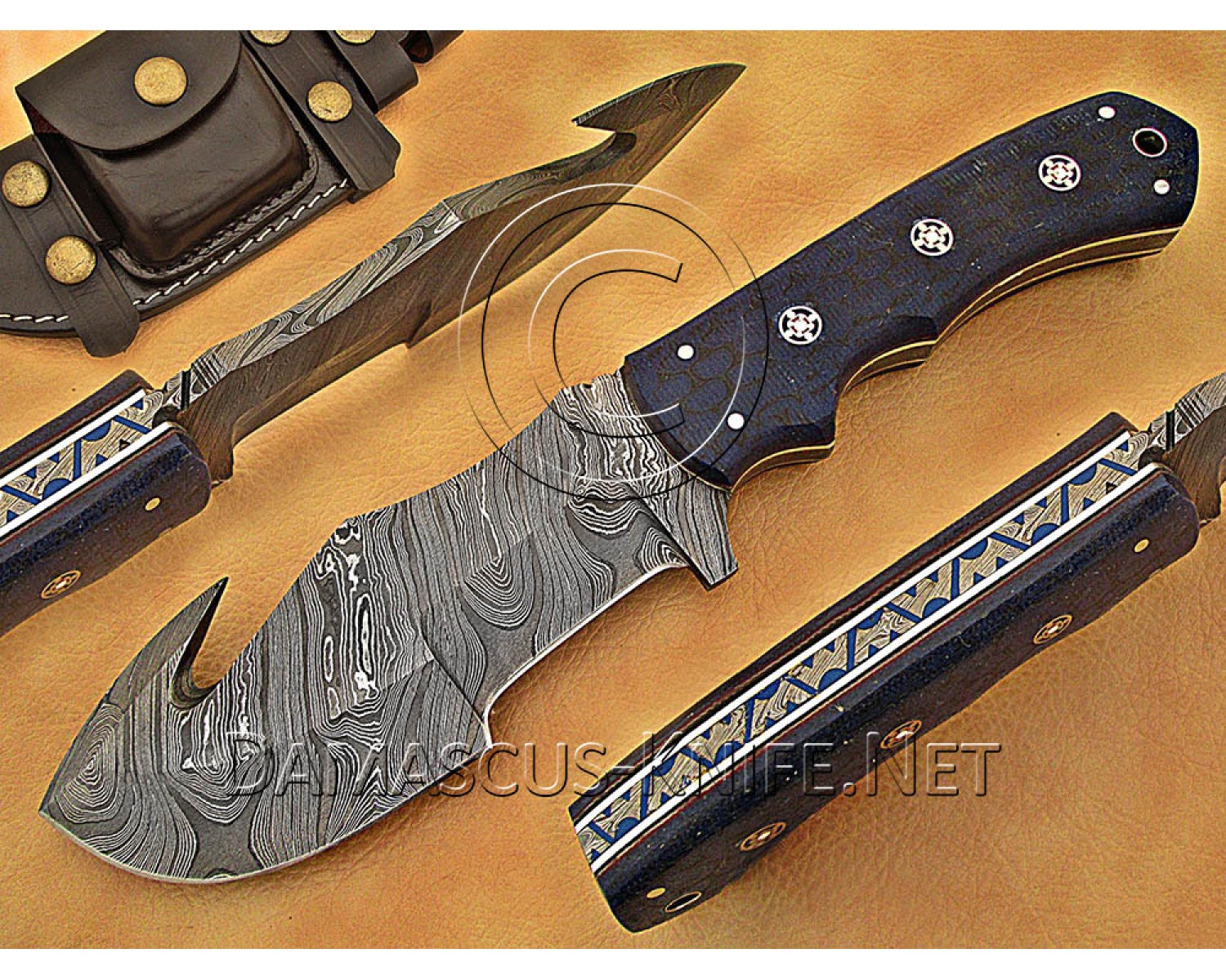 Wholesale Set of 7 Artisan Damascus Multi-Zone Field-Utility Implements with Curved Spine Feature - Multi-Color G10 - TK1011