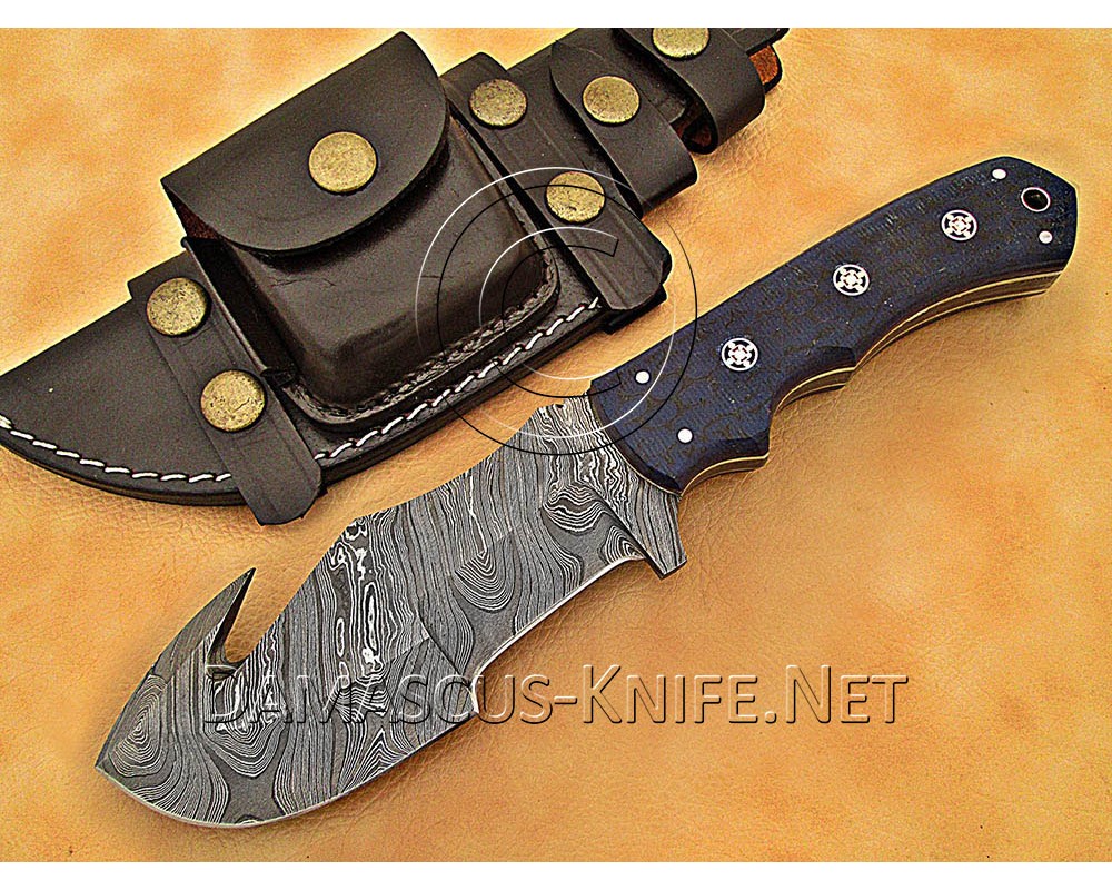 Custom Handmade Damascus Steel Outdoor Tracker Knife - Blue G10 - TK1012