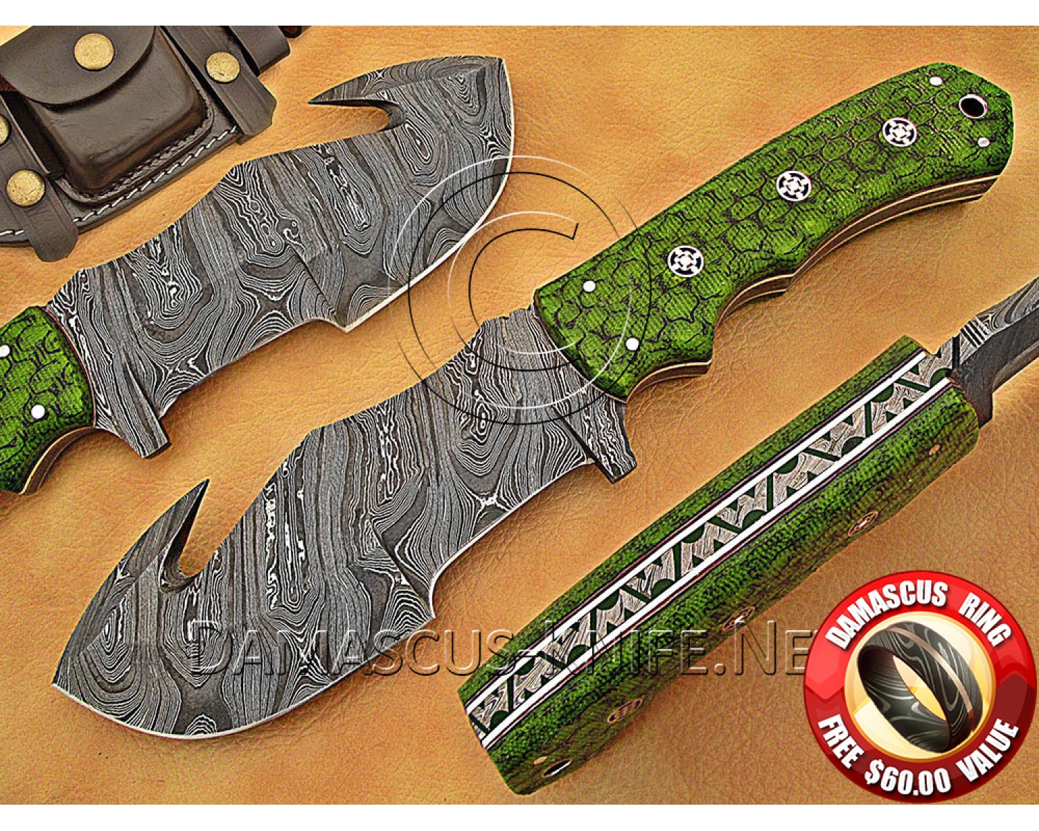 Artisan Damascus Multi-Zone Field-Utility Implement with Curved Spine Feature - Green G10 - TK1013