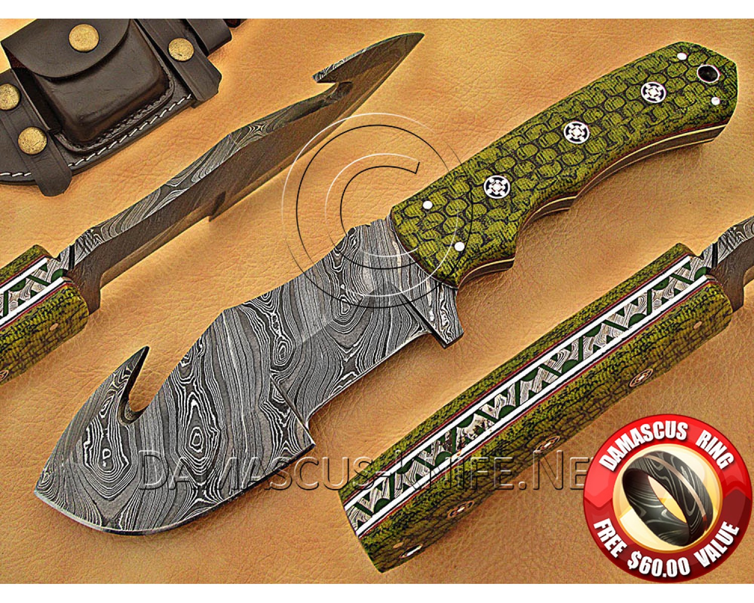 Artisan Damascus Multi-Zone Field-Utility Implement with Utility Hook - Sea Green G10 - TK1017