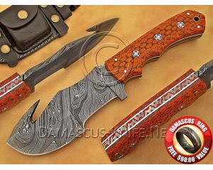 Custom Handmade Damascus Steel Outdoor Tracker Knife - Orange G10 - TK1018