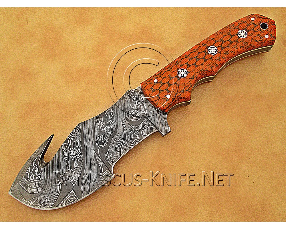 Custom Handmade Damascus Steel Outdoor Tracker Knife - Orange G10 - TK1018