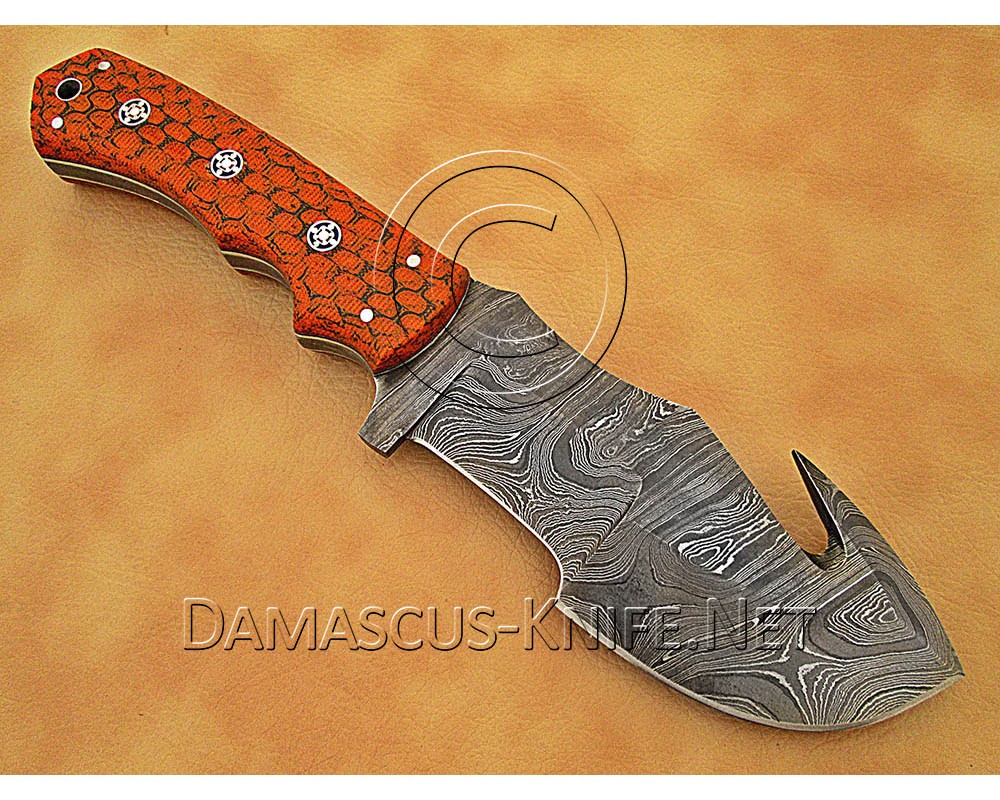 Custom Handmade Damascus Steel Outdoor Tracker Knife - Orange G10 - TK1018