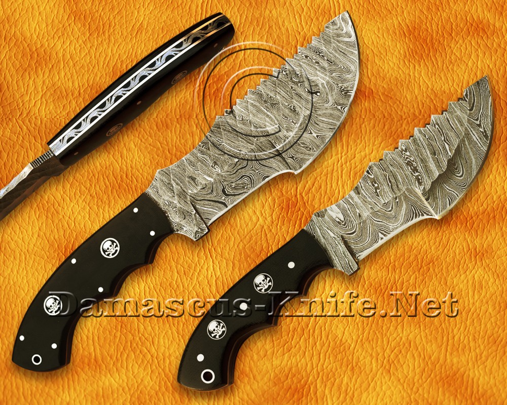 Lot of 2 Custom Handmade Damascus Steel Tracker Knives - Black G10 - TK919