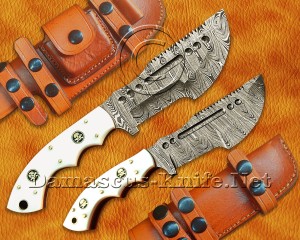 Lot of 2 Custom Handmade Damascus Steel Tracker Knives - White Corian - TK919A