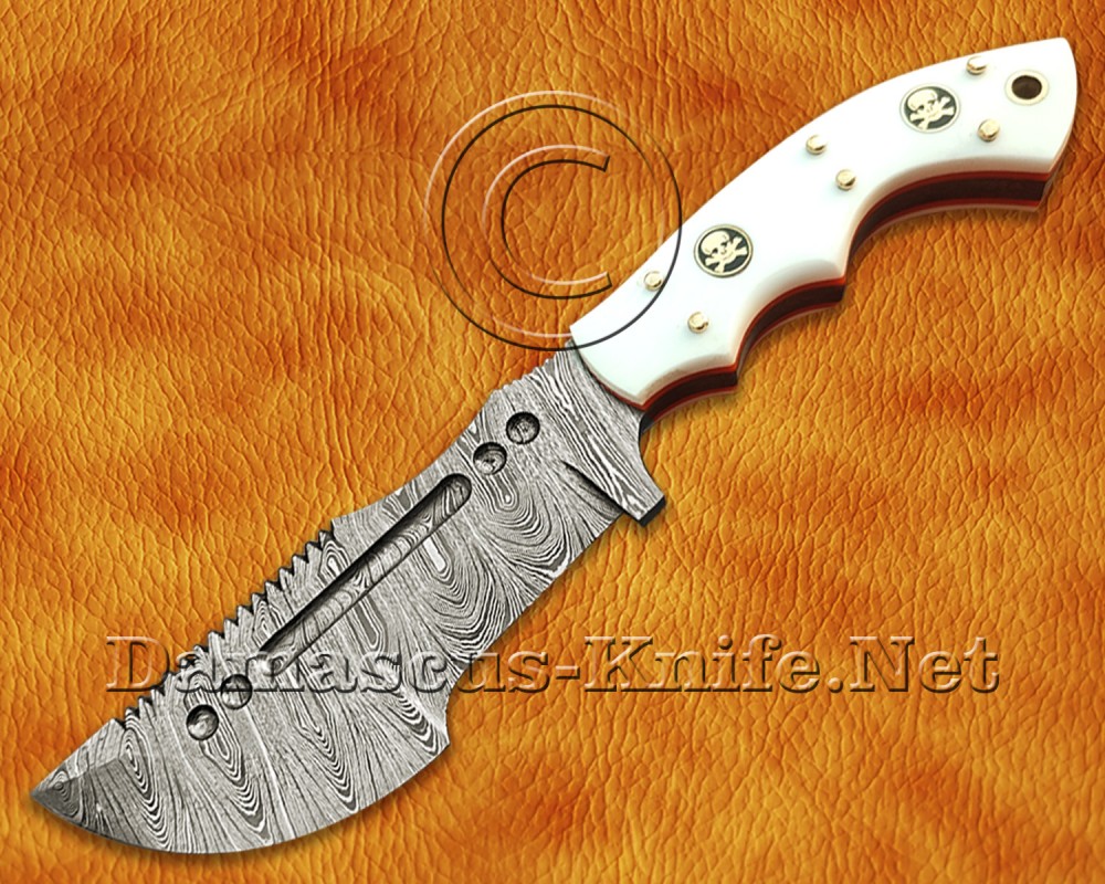 Lot of 2 Custom Handmade Damascus Steel Tracker Knives - White Corian - TK919A