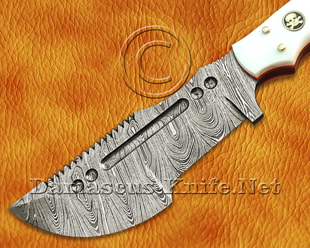 Lot of 2 Custom Handmade Damascus Steel Tracker Knives - White Corian - TK919A