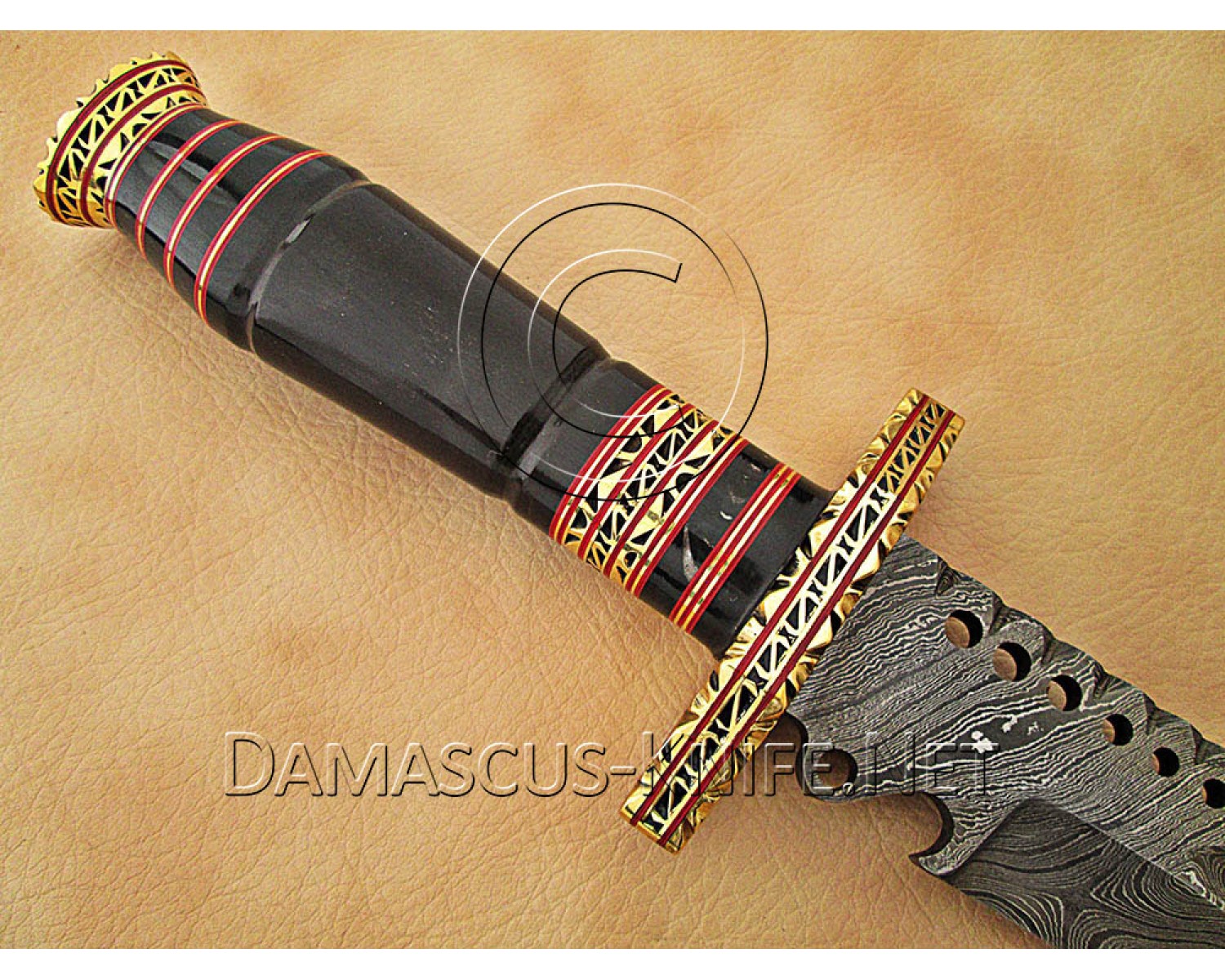 Hand-Forged Damascus Extra-Large Artisan Prep Implement - Horn & Brass File-work - CK888