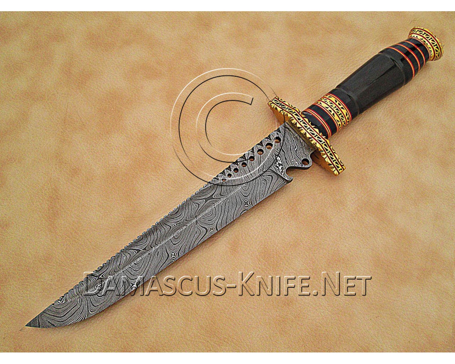 Hand-Forged Damascus Extra-Large Artisan Prep Implement - Horn & Brass File-work - CK888