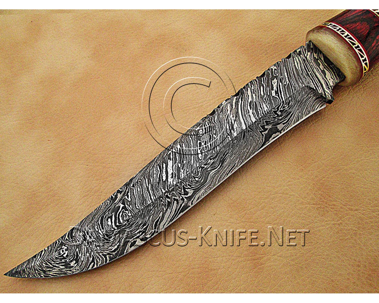Hand-Forged Damascus Artisan Prep Implement - Ram Horn & Red Pakka Wood - CK891 Hand-Forged Damascus Artisan Prep Implement - Ram Horn & Red Pakka Wood - CK891