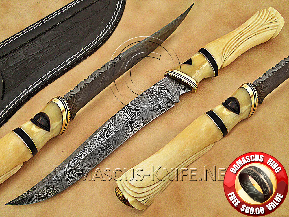 Custom Handmade Damascus Steel Outdoor Field-Utility Implement with Hand-Carved Bone Handle