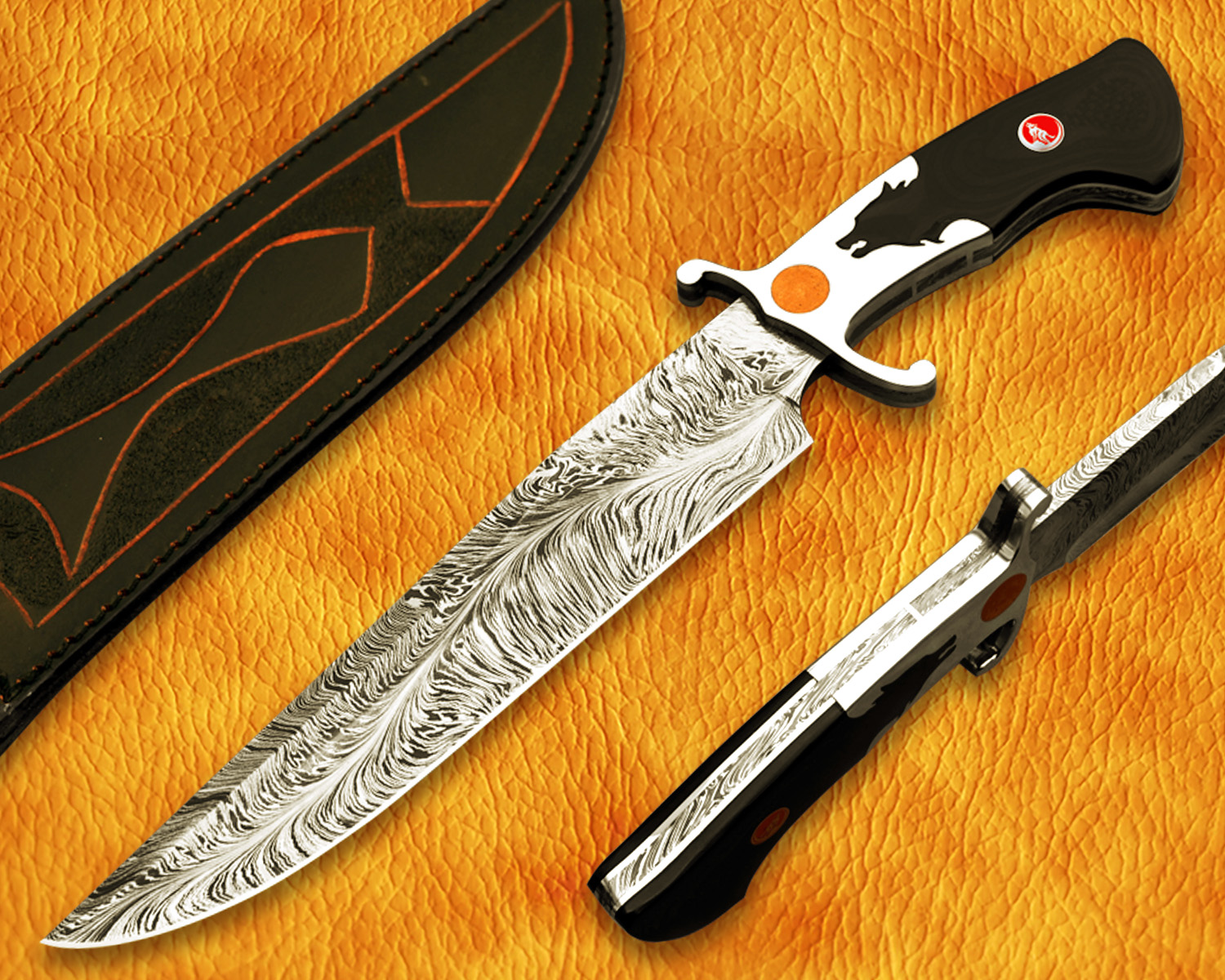 15 inch Damascus Feather Pattern Artisan Prep Kitchen Knife CK964