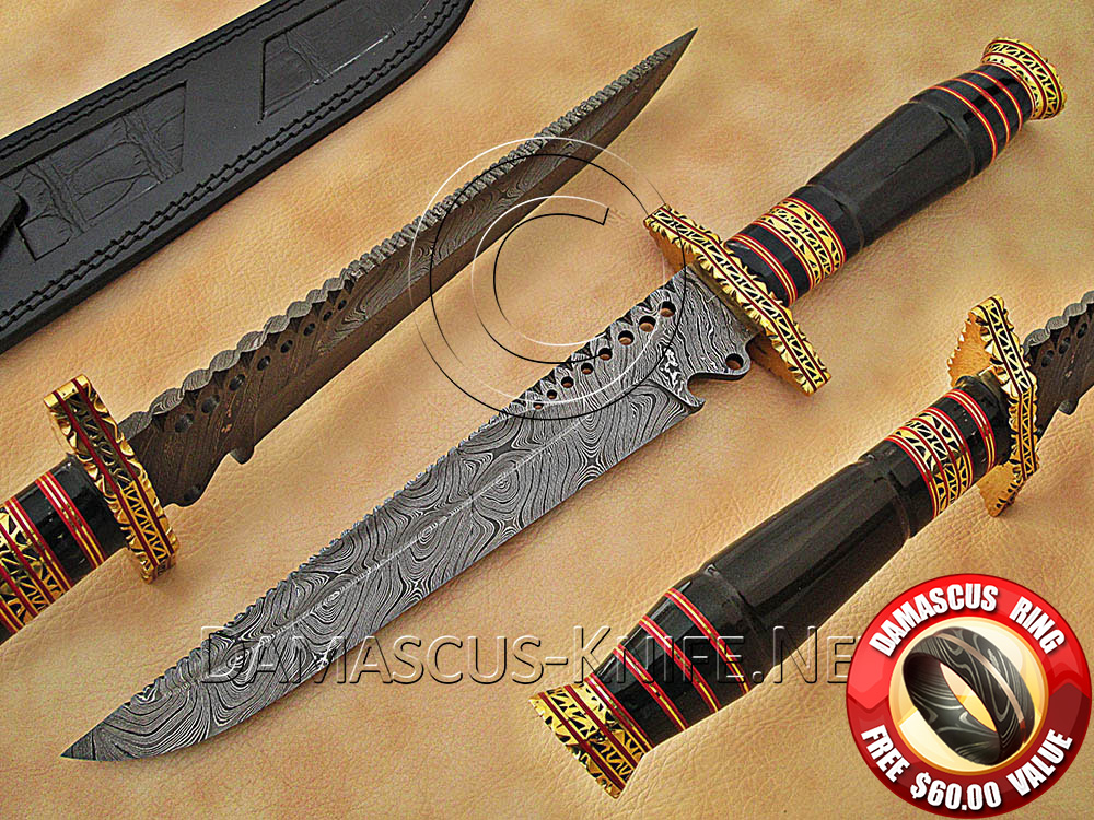 Custom Handmade Damascus Steel Outdoor Bowie Knife with Horn Handle