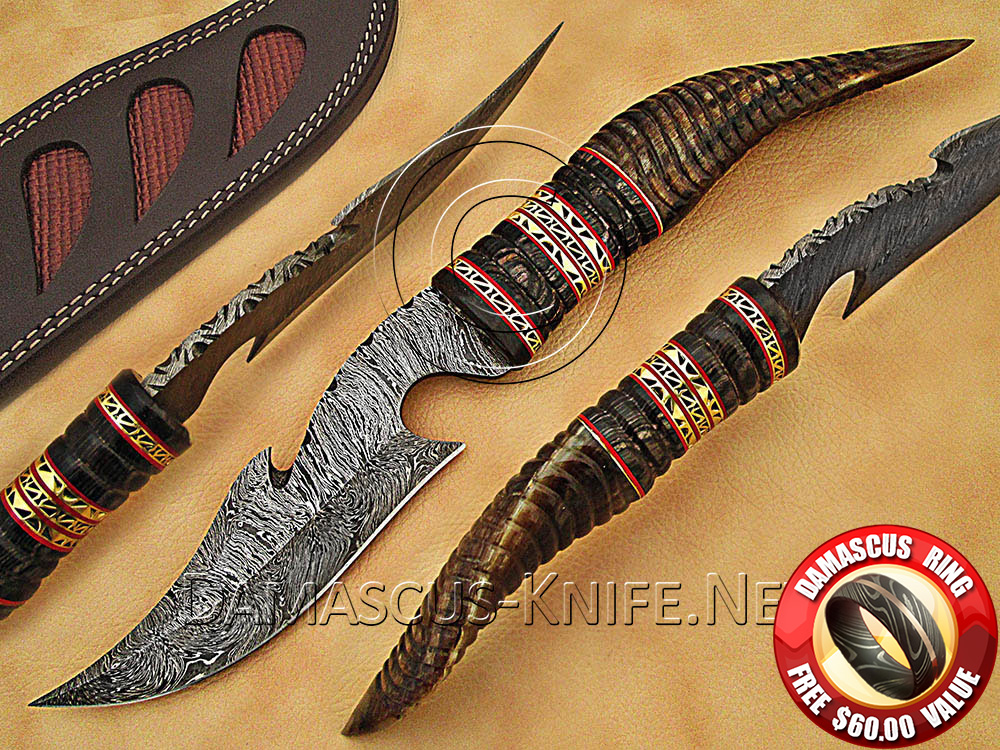Custom Handmade Damascus Steel Utility Hook Bowie Knife with Ram Horn Handle