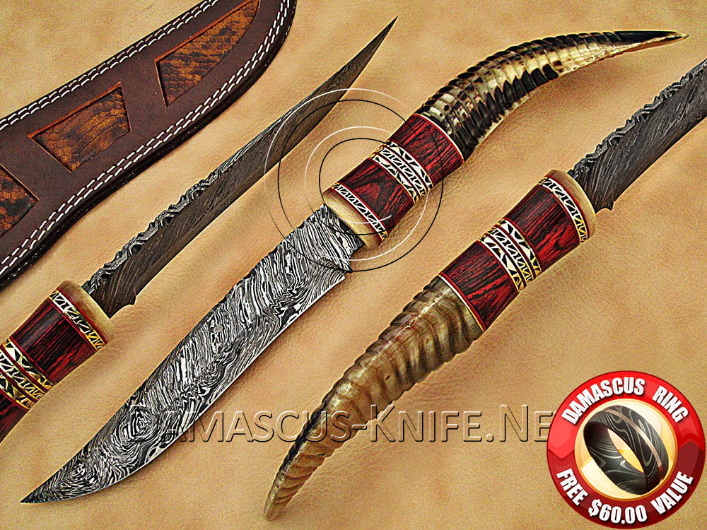 Custom Handmade Damascus Steel Outdoor Bowie Knife with Ram Horn Handle