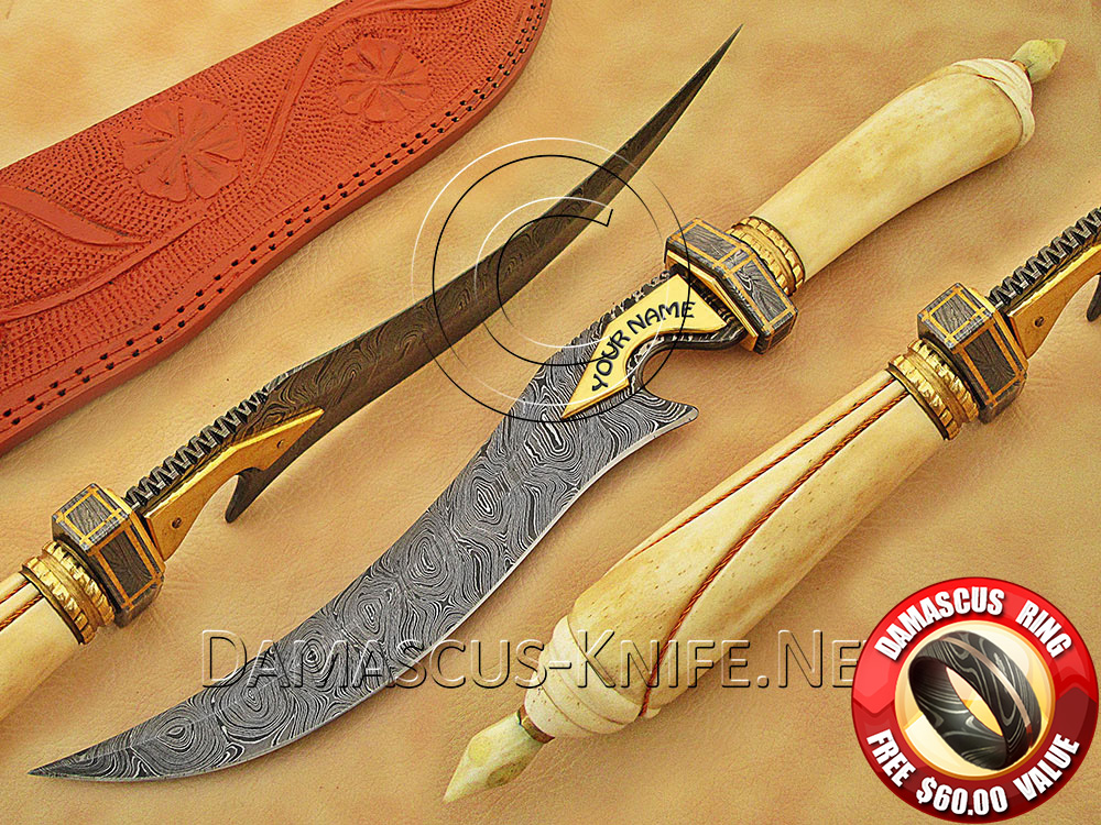 Custom Handmade Damascus Extra-Large Curved Field-Utility Implement with Hand-Carved Bone Handle and Brass File-work