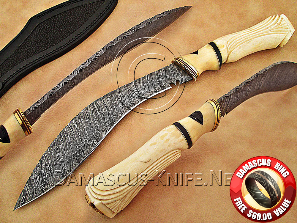 Hand-Forged Damascus Curved Field-Utility Implement - Natural Bone Handle - CK900