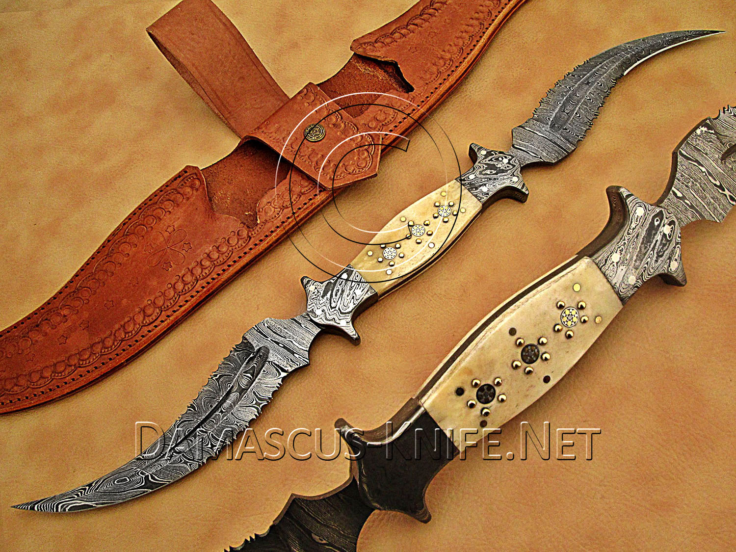 Custom Handmade Damascus Steel Dual Blade Haledi Knife with Central Bone Handle