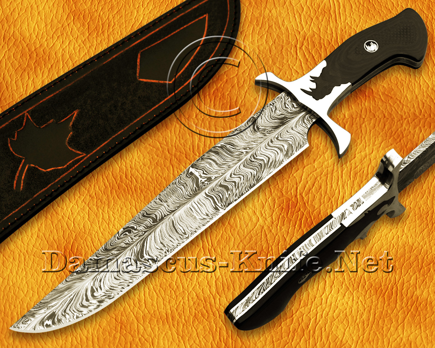 Custom Handmade Damascus Steel Outdoor Bowie Knife with Rhino Crafting Handle