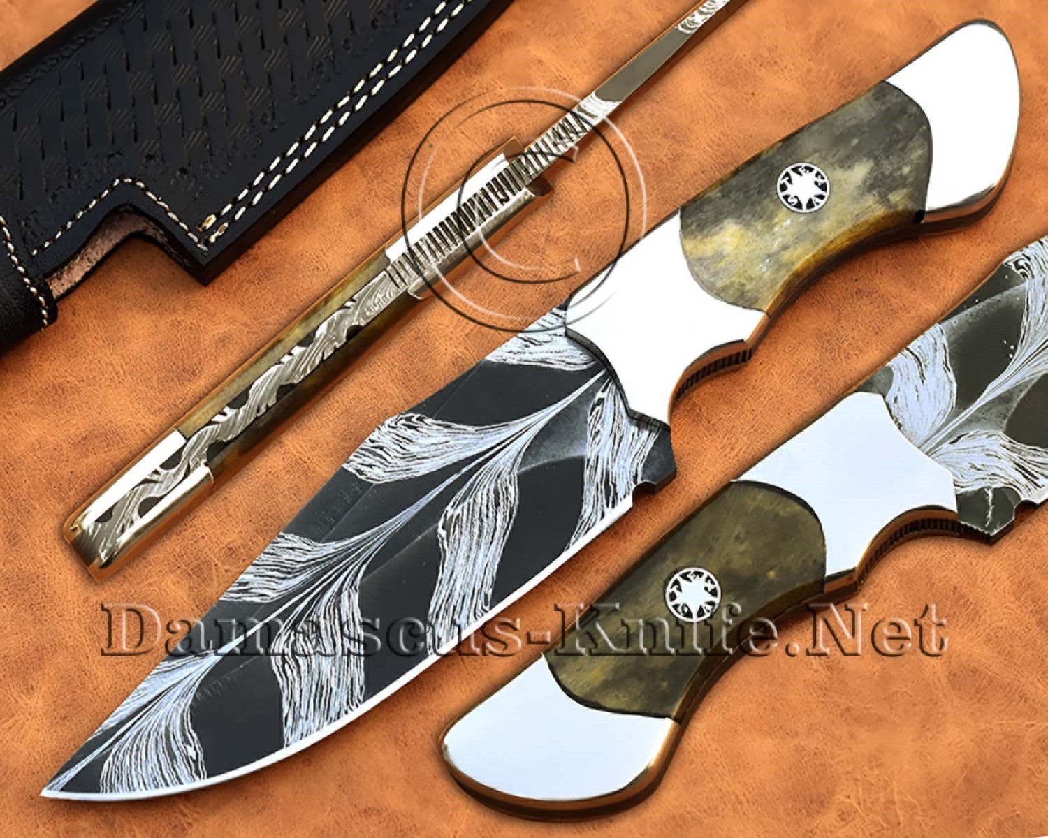 Custom Handmade Damascus Mosaic Steel Outdoor Camp Knife with Bone Handle