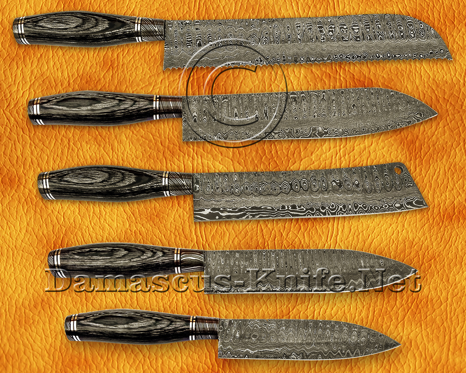 Personalized Damascus Steel Handmade Kitchen Knife Set Pakka Wood Handle