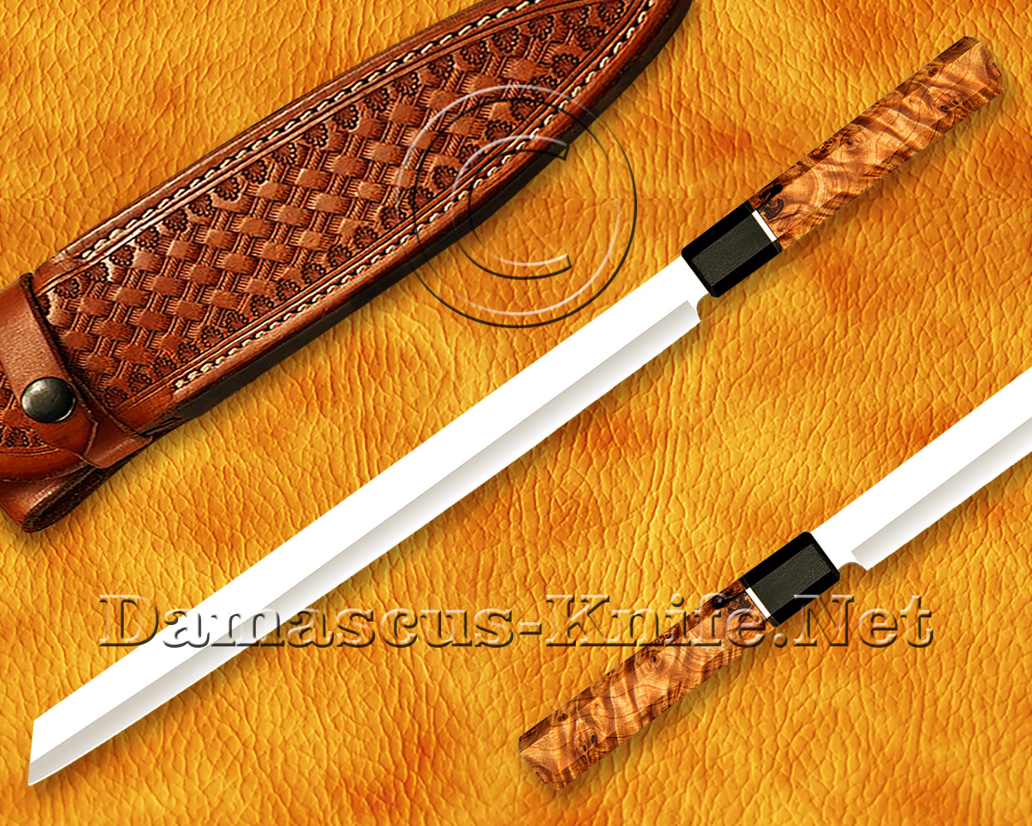 Handmade Stainless Steel Prosciutto Knife with Koa Wood and Steel Ring Handle