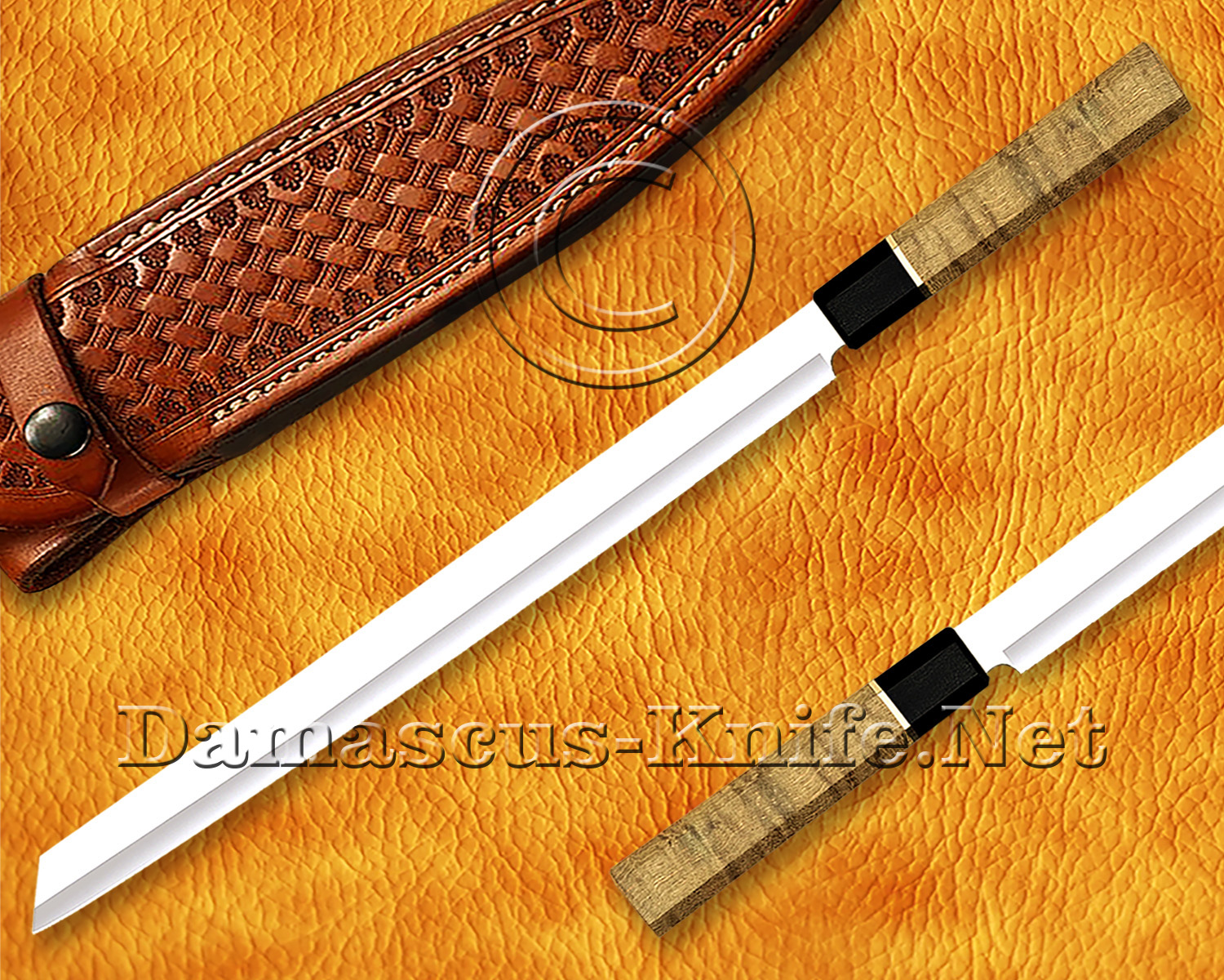 Handmade Stainless Steel Prosciutto Knife with Mahogany Wood and Steel Ring Handle