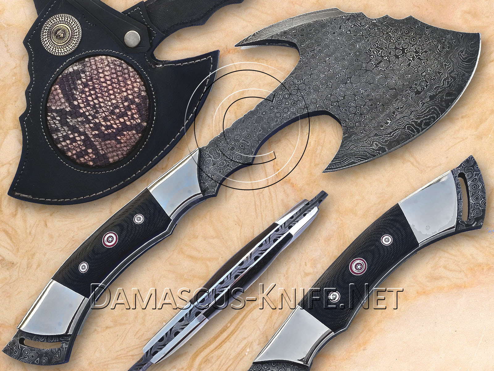 Arsons Handmade Damascus Steel Raindrop Tomahawk Axe with G10 Micarta Handle