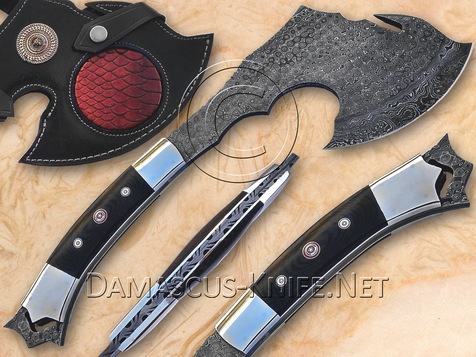 Arsons Handmade Damascus Steel Raindrop Tomahawk Axe with G10 Micarta Handle