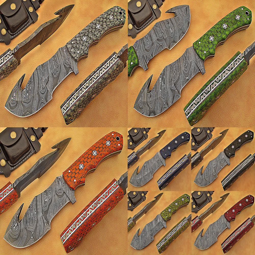 Lot of 7 Handmade Damascus Steel Gut Hook Tracker Knives