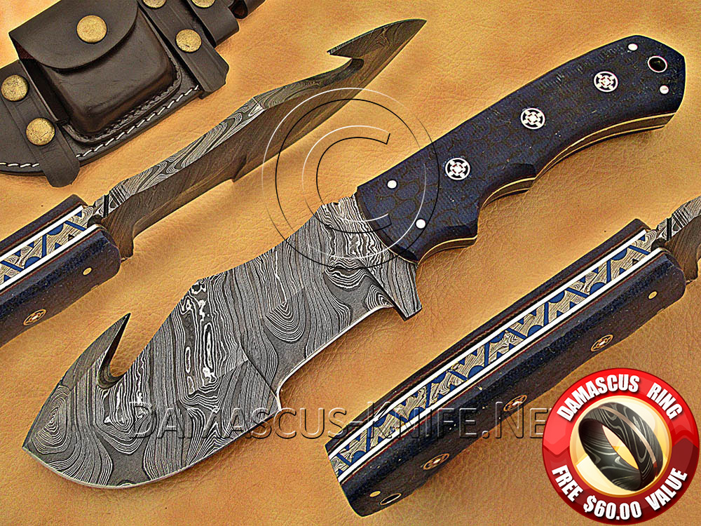 Handmade Damascus Steel Gut Hook Tracker Knife with G10 Micarta Handle