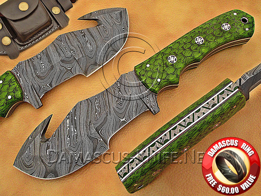Handmade Damascus Steel Gut Hook Tracker Knife with G10 Micarta Handle