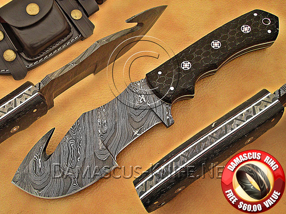 Custom Handmade Damascus Steel Gut Hook Tracker Knife with G10 Micarta Handle