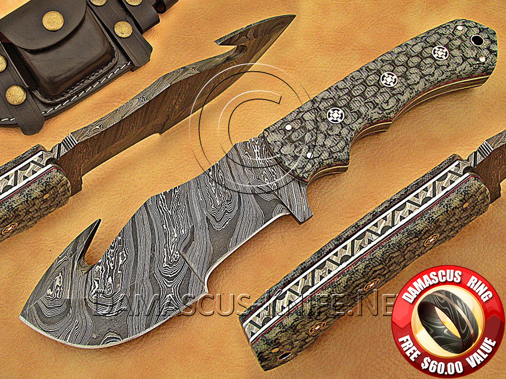 Handmade Damascus Steel Gut Hook Tracker Knife with G10 Micarta Handle